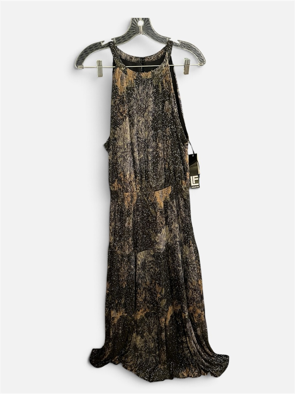 Leslie Fay Sleeveless Metallic Maxi Dress in Black, and silver.